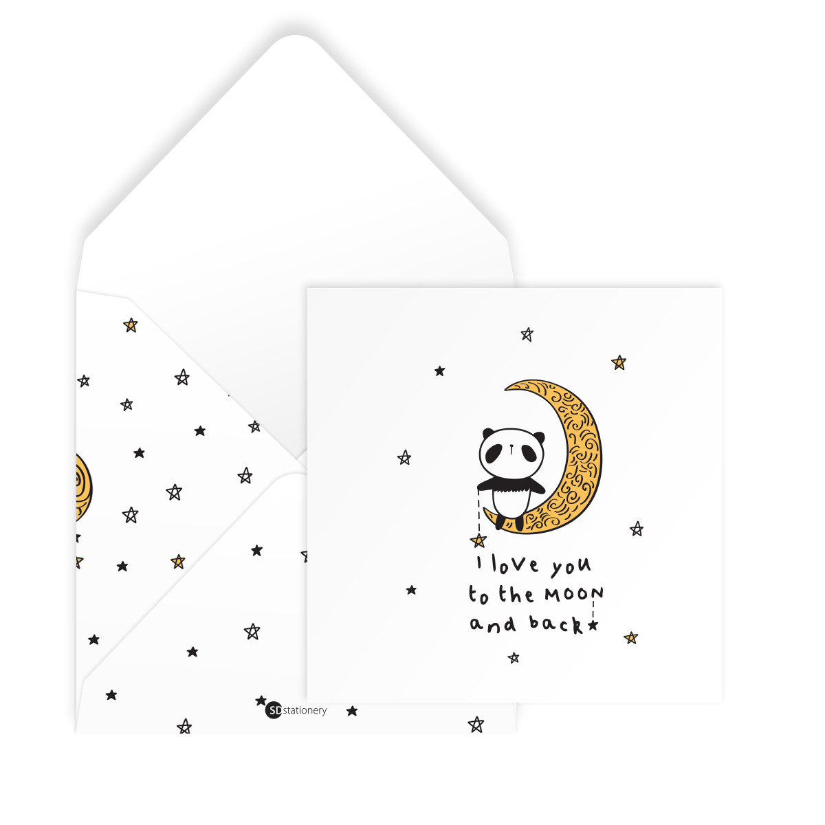 Thiệp tình yêu Valentine I LOVE YOU TO THE MOON AND BACK vuông 12cm SDstationery PANDA gấu trúc, trăng, sao