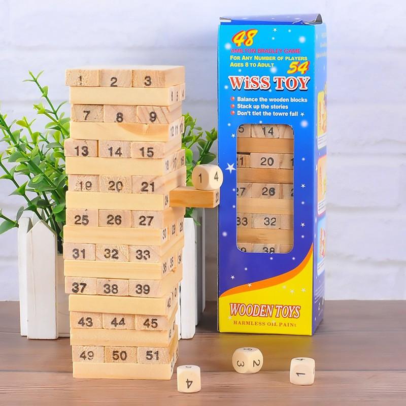 Bộ Đồ Chơi Rút Gỗ 54 Thanh Cho Bé + Kèm 4 Xúc Xắc