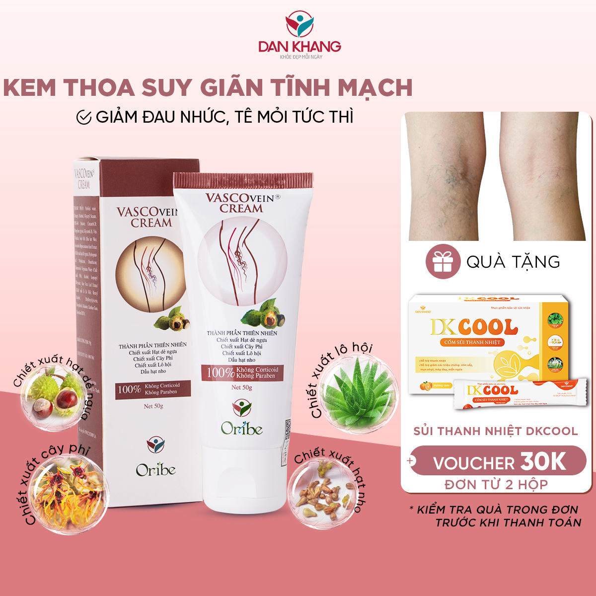 Kem Thoa Giảm Sưng Đau, Tê Phù, Chuột Rút Do Suy Giãn Tĩnh Mạch Vascovein Dân Khang - Tuýp 50g