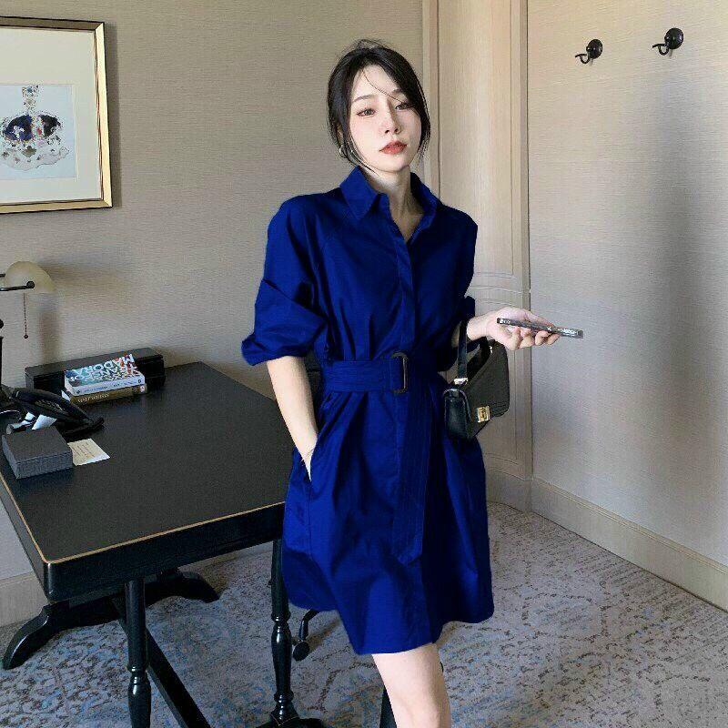 ĐẦM SUÔNG CỔ SƠ MI TAY LỠ THẮT EO