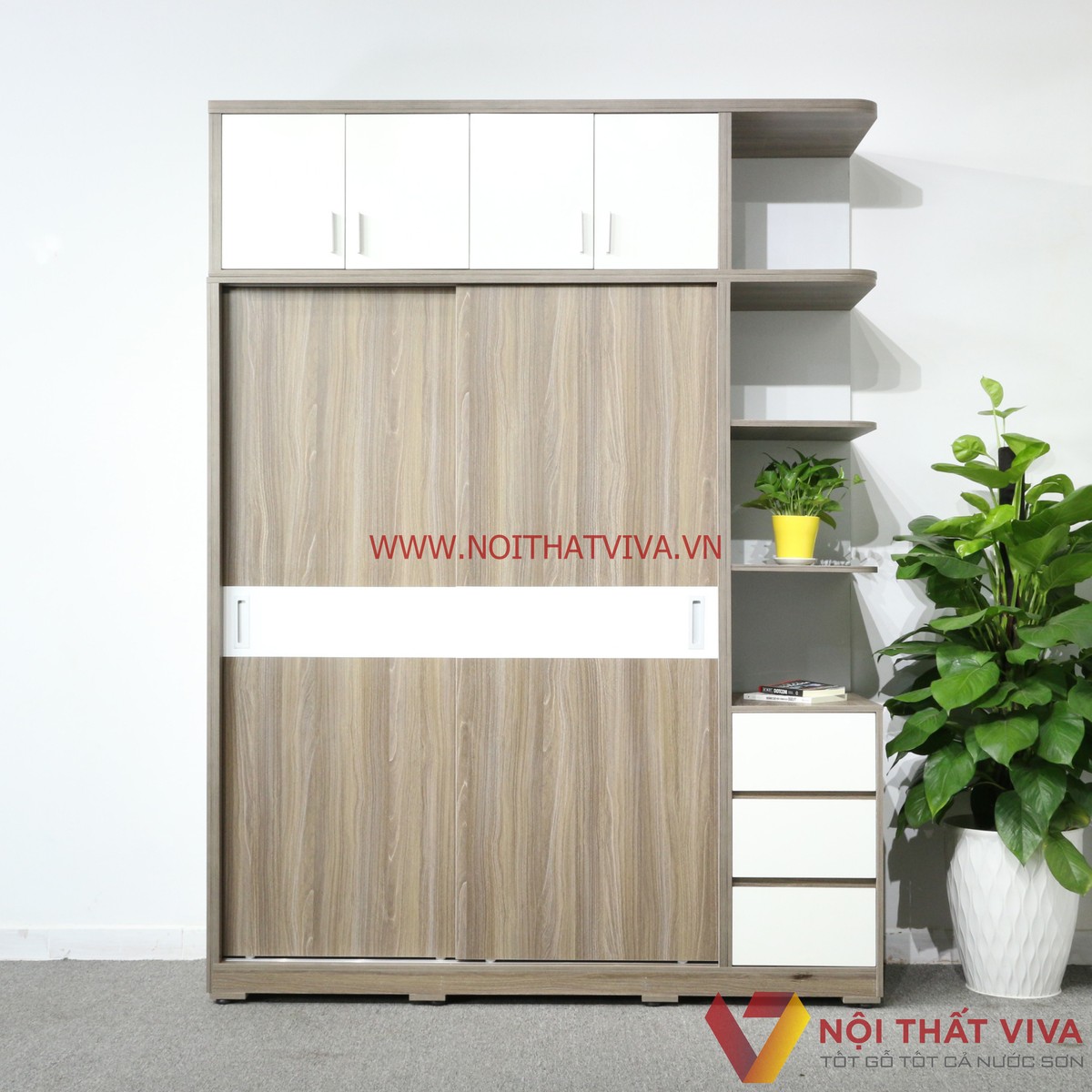 Tủ Áo Lùa Kịch Trần Có Kệ Trang Trí Gỗ MDF Melamine Màu Xám Chỉ Trắng Cao Cấp