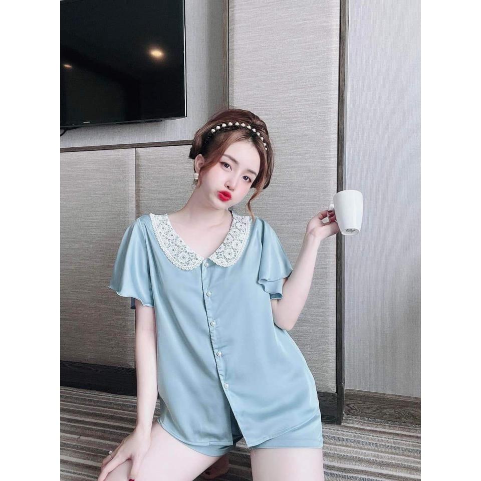 Đồ Mặc Nhà Quần Ngắn, Đồ Bộ Nữ Cổ Ren Tay Xòe Chất Lụa LATIN CAO CẤP, Ít Nhăn, Phom Dưới 56kg