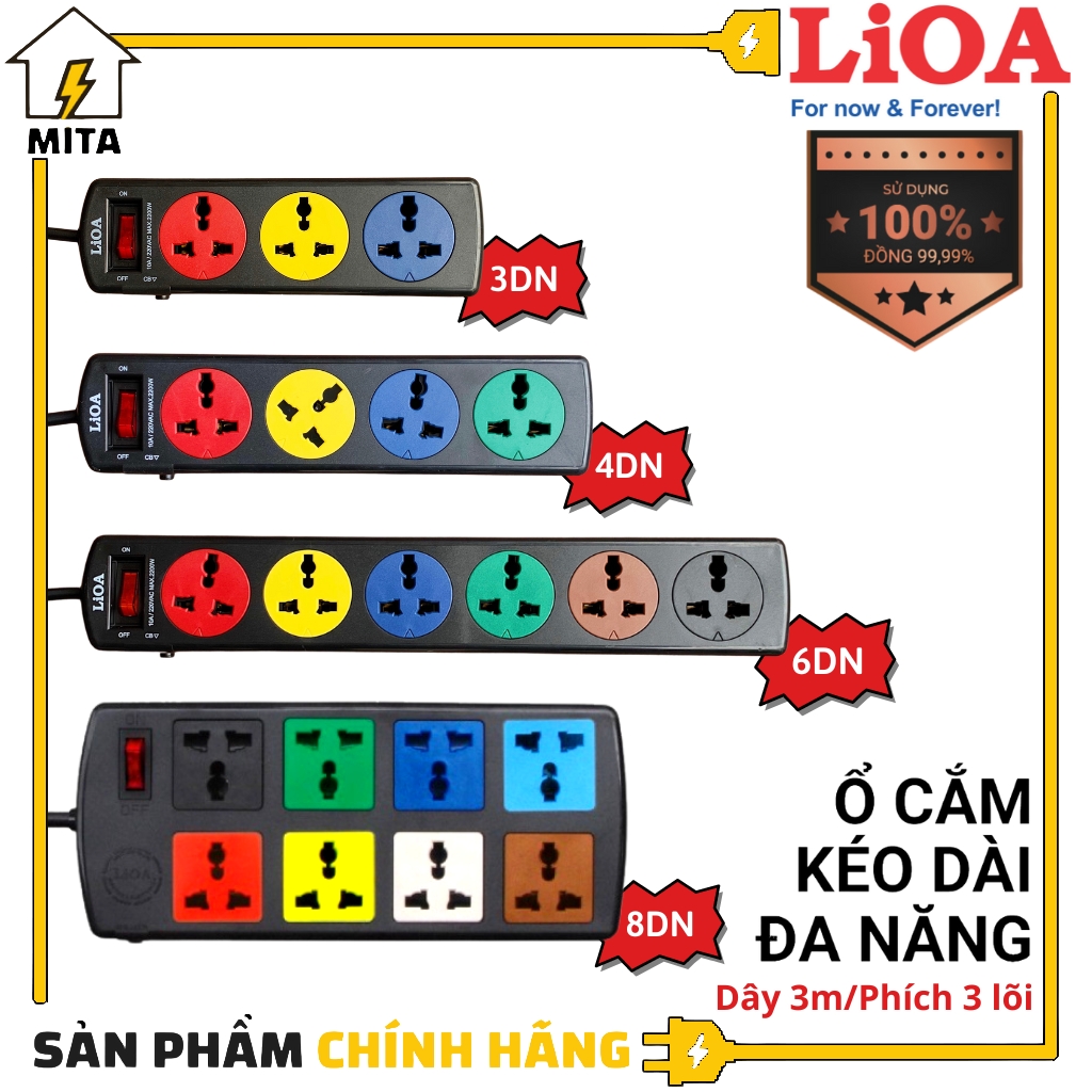 Ổ cắm điện LiOA đa năng 3 Lõi - 3 lỗ, 4 lỗ, 6 lỗ, 8 lỗ Phích 3 chân Dây dài 3m