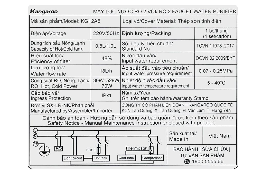 Máy lọc nước RO nóng nguội lạnh Hydrogen 12 lõi Kangaroo KG12A8 - HÀNG CHÍNH HÃNG - GIAO TOÀN QUỐC