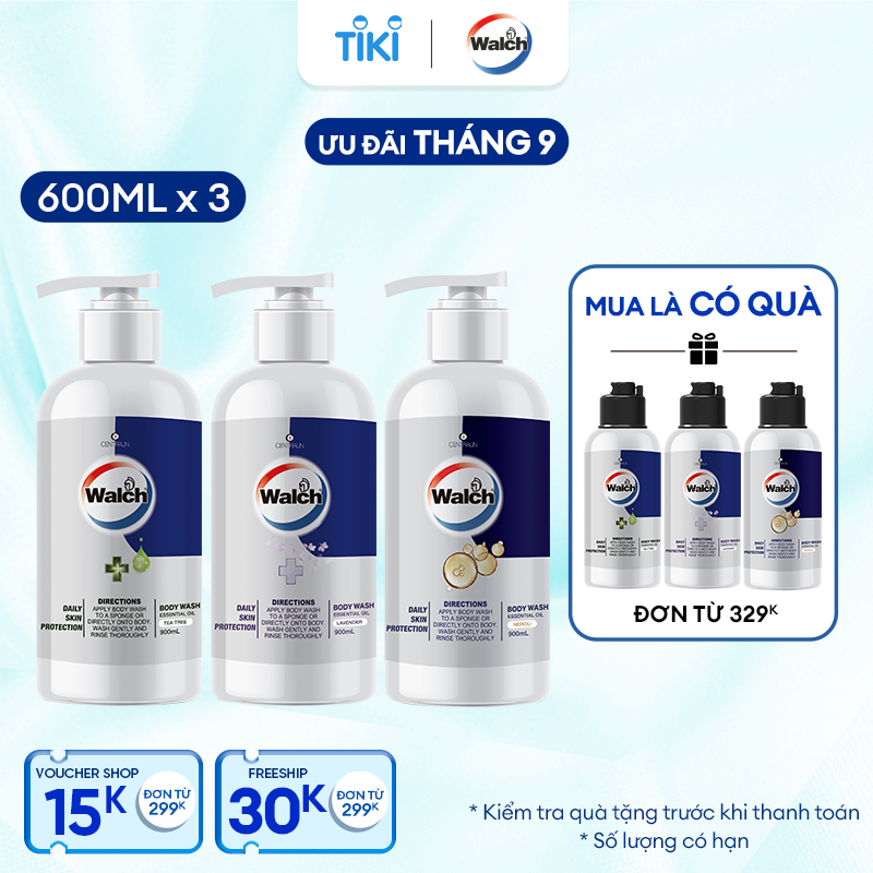 Combo 3 sữa tắm tinh dầu Walch tiêu diệt vi khuẩn, dưỡng ẩm mềm mịn, tái tạo làn da (600mlx3 )