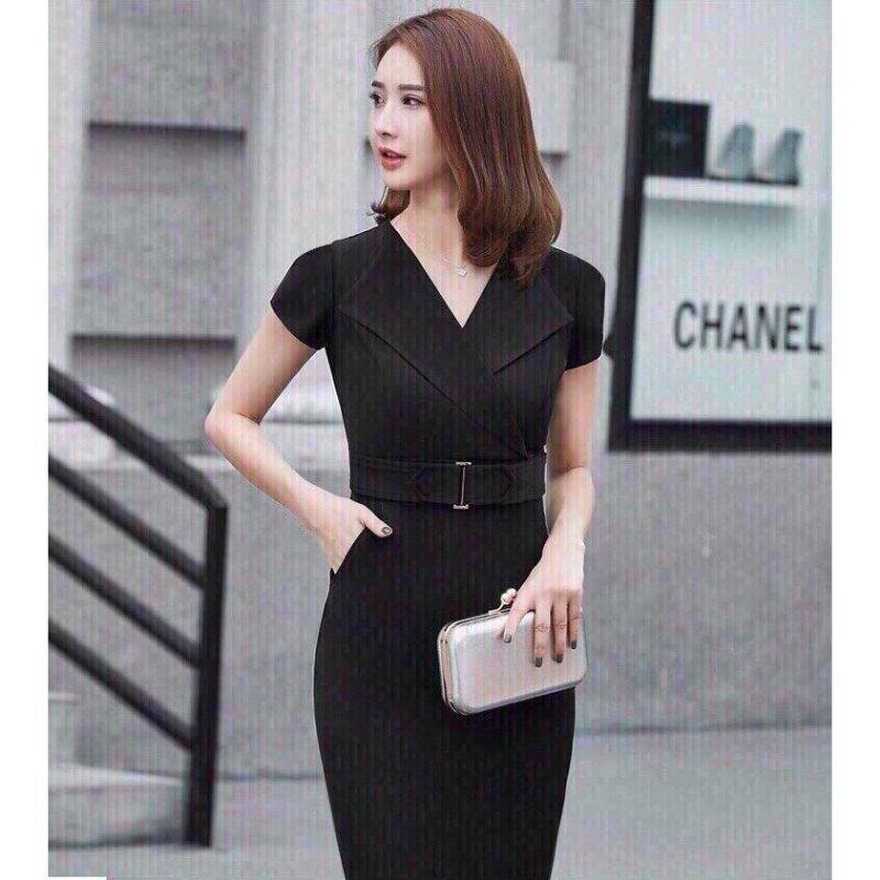 Đầm Body cổ vest tay ngắn eo phối belt Cao Cấp