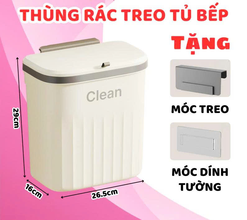 Thùng rác treo tủ bếp có nắp đậy thông minh, thùng rác treo tường dán tường, có thanh trượt cửa bếp