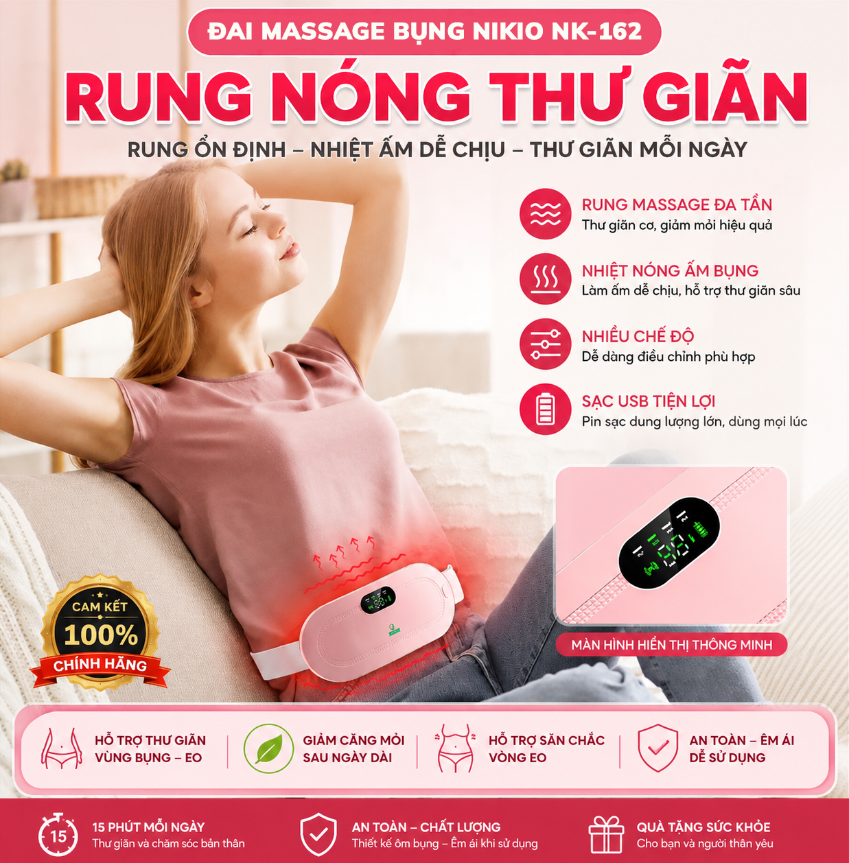 Máy massage bụng Nikio NK-162 - Công nghệ rung thư giãn kết hợp nhiệt sưởi ấm, giảm đau bụng kinh hiệu quả