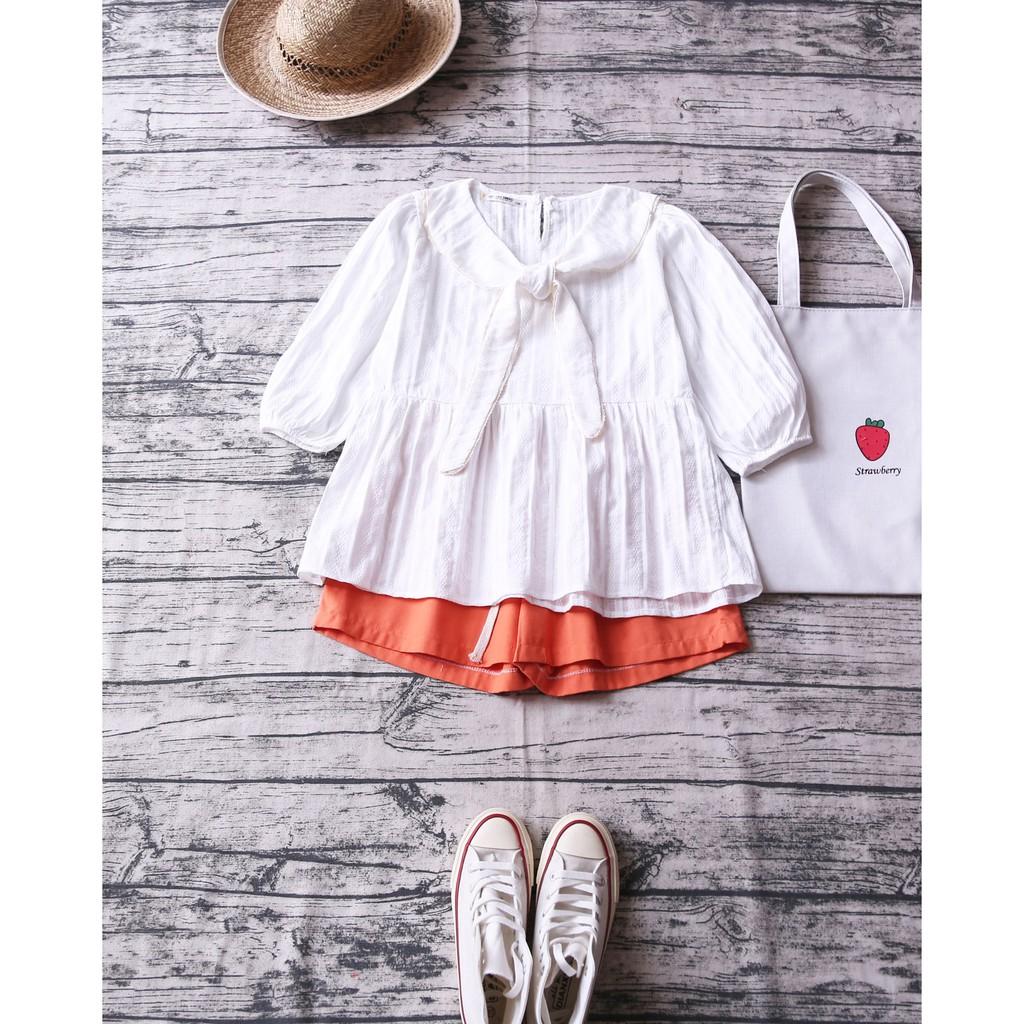 ÁO BABYDOLL TAY BỒNG VẠT CỔ ÁO PHỐI VIỀN REN