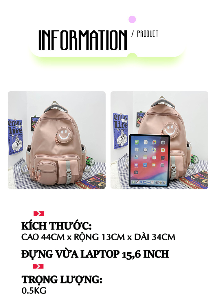 Hình ảnh Balo đi học thời trang unisex nam nữ màu trơn basic nhiều ngăn đựng laptop size lớn 755