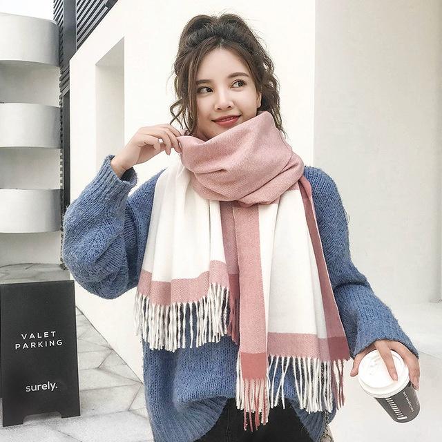 Khăn quàng cổ len dệt kim, tua rua phối màu phong cách Hàn Quốc cho nữ mềm mịn và ấm áp