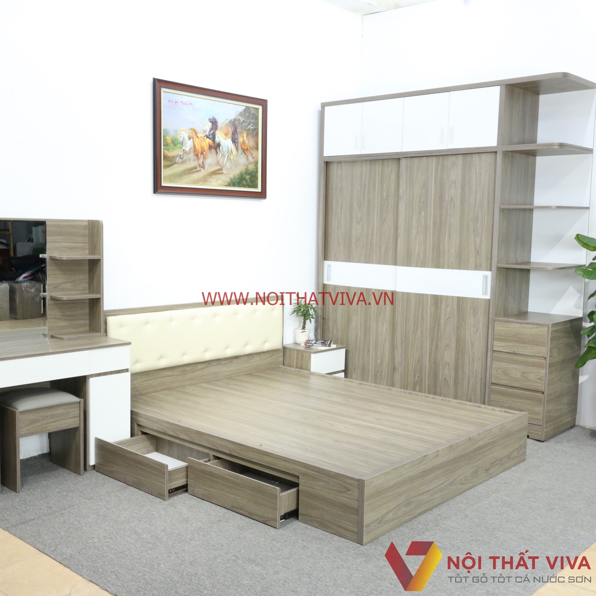Bộ Combo Phòng Ngủ Tủ Kịch Trần Gỗ MDF Màu Xám Phối Trắng Cao Cấp Đẹp