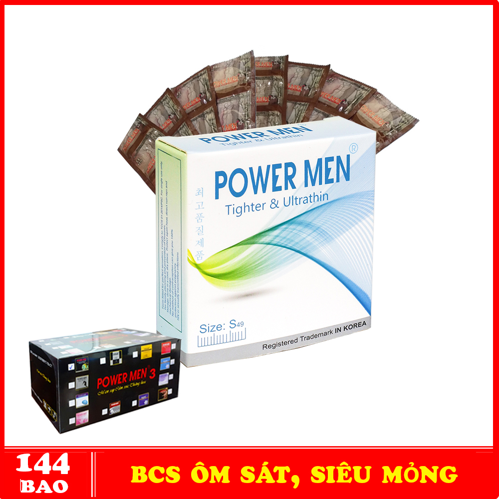 Bao cao su Power Men size nhỏ 49mm (hộp 144 cái) - Combo 48 hộp 3 chiếc bcs Powermen siêu mỏng ôm sát cho gia đình Chính hãng 100% - che tên khi giao hàng