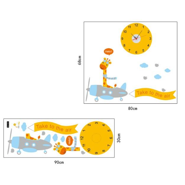 Decal Trang Trí Tường Kèm Đồng Hồ Dán Tường Hươu Cao Cổ Lái Máy Bay