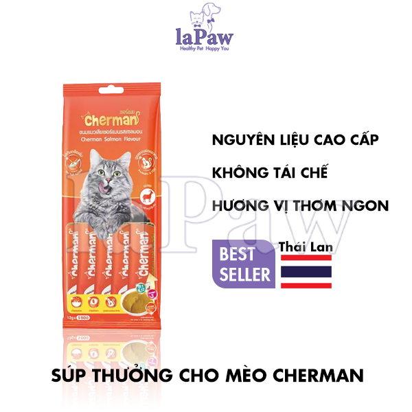 Súp thưởng cho mèo Cherman vị cá hồi và Prebiotic 12g x 5gói