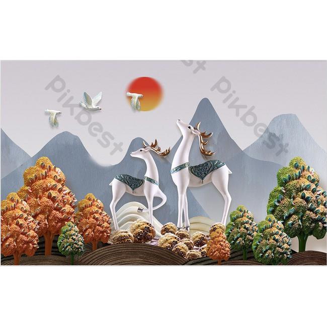 Tranh dán tường 3d trang trí phòng em bé phòng ngủ hiện đại, Nai rừng trên núi và đàn chim MS900203