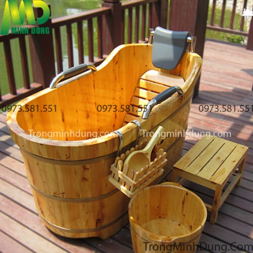 Bồn tắm gỗ thông bồn tắm bằng gỗ , đáy bằng phẳng, có chân nâng đáy tránh rò rỉ nước