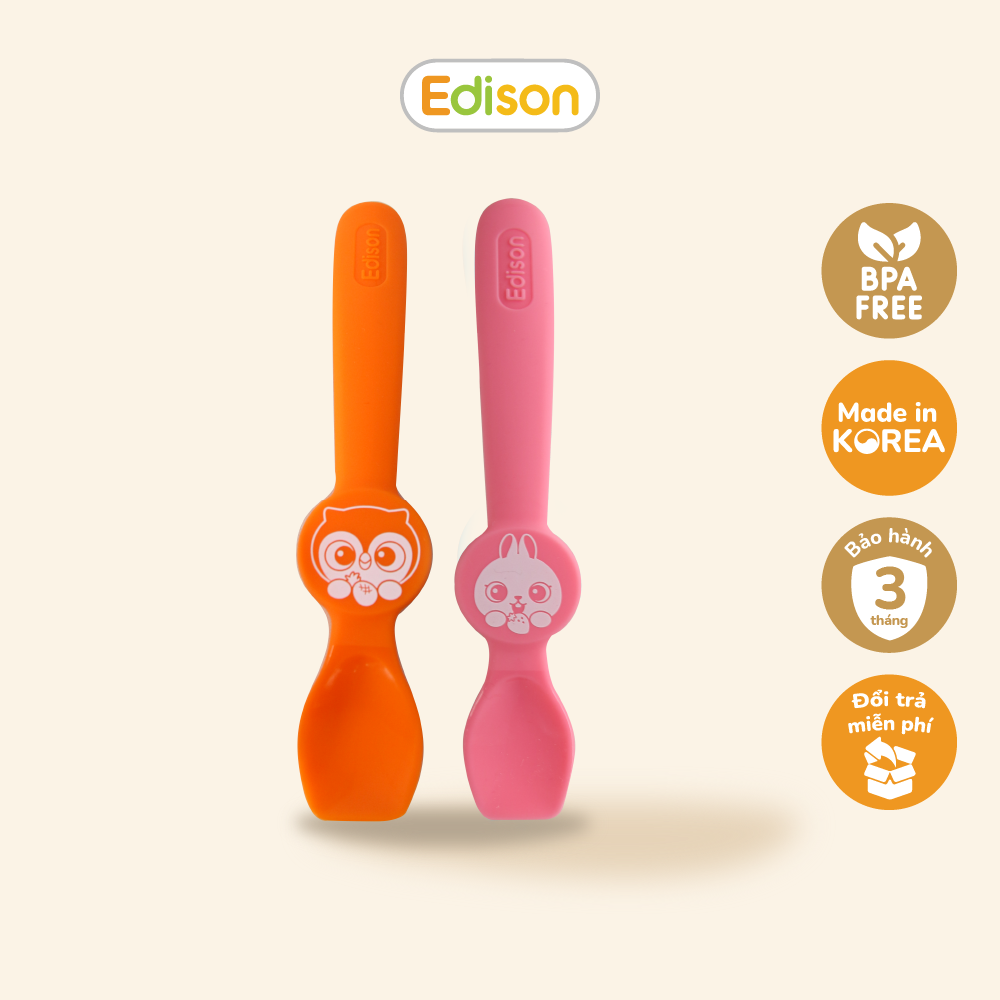 Đồ dùng ăn dặm cho bé MADE IN KOREA Set 2 thìa silicone cho bé ăn dặm Edison set hình Cú, Sư tử và Set hình Thỏ, Cú 6896