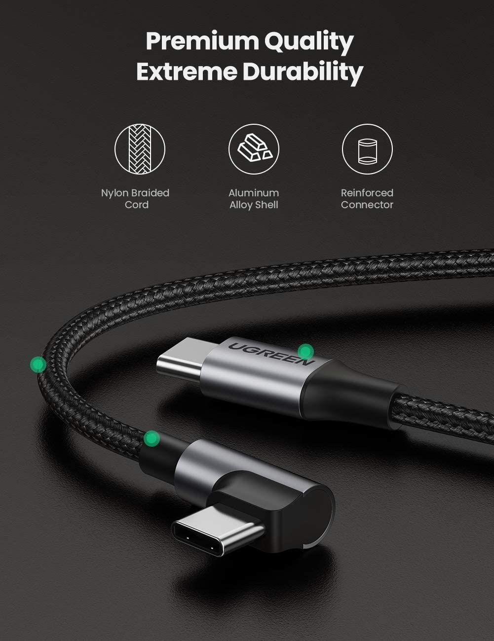 Ugreen 50125 2M 60W bẻ góc 90 độ hỗ trợ sạc nhanh PD cáp USB type C màu đen mạ nickel đầu bọc nhôm Ugreen US255 - Hàng Chính Hãng