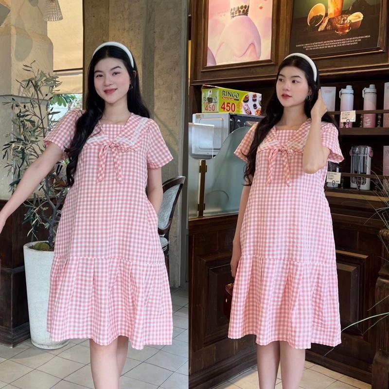 Đầm bầu đuôi cá cổ thuỷ thủ phối viền ren chất Cotton Hàn Váy bầu năng động - Hồng