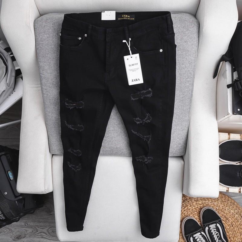 Quần jean nam rách gối cao cấp ôm dáng màu đen slim co giãn