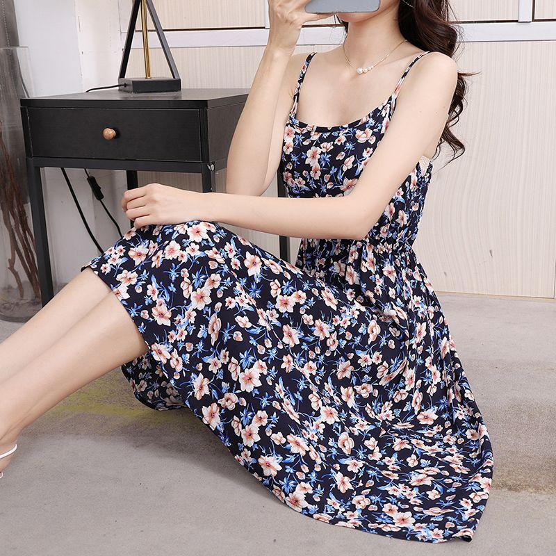 DONGSHOP Mùa hè 2023 Hàn Quốc phiên bản có thể điều chỉnh treo vest đầm mỏng mỏng trung bình dài hoa bãi biển váy