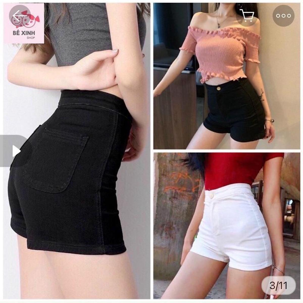 Quần jeans đùi lưng cao ôm giãn - short jeans không túi trước