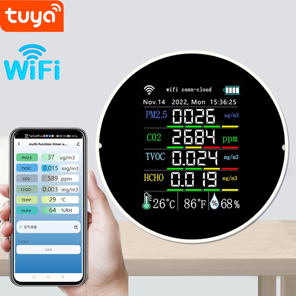 Tuya Wifi Portable Air Quality Meter 7in1 PM2.5 CO2 TVOC HCHO AQI Temperature Humidity Tester Color Display Carbon Dioxide Detector Support Cellphone APP Control with Calendar Function
