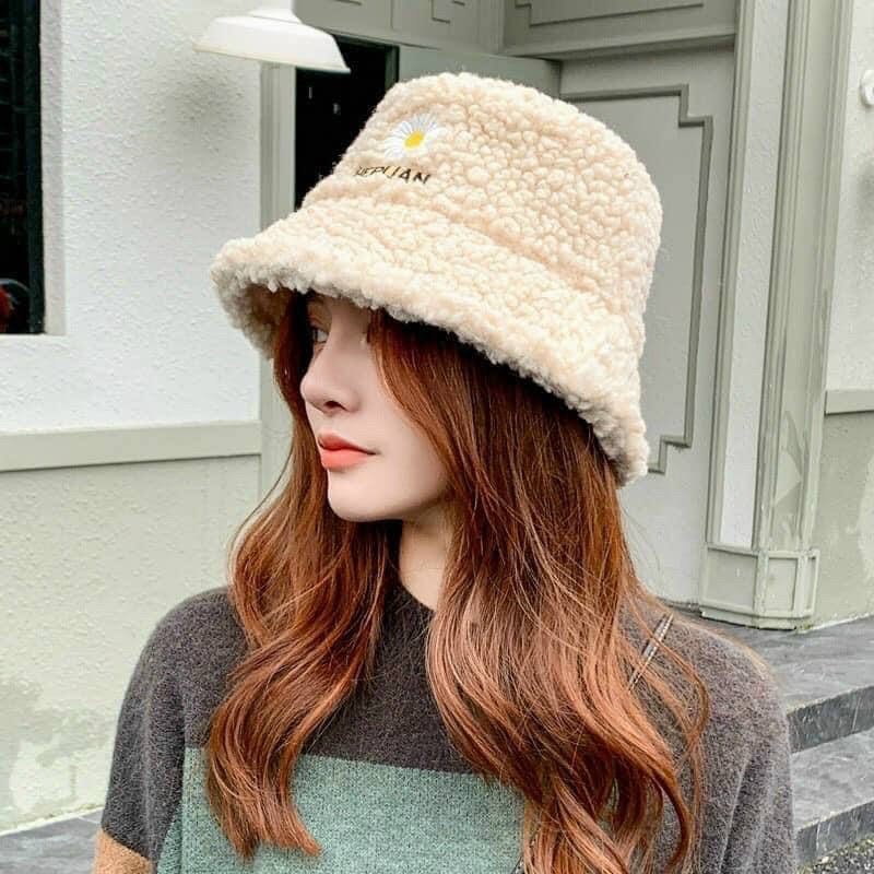 Mũ Lông cừu Bucket Retro Phong Cách Hàn Quốc Mũ lông cừu nữ mềm giữ ấm Thu Đông, Mũ Lông Cừu