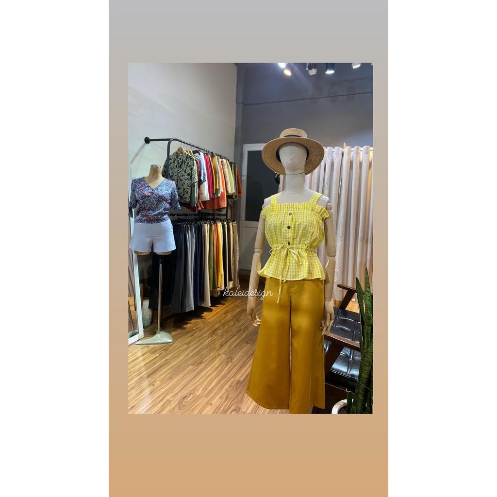 Áo 2 dây rút eo caro yellow- caro gree