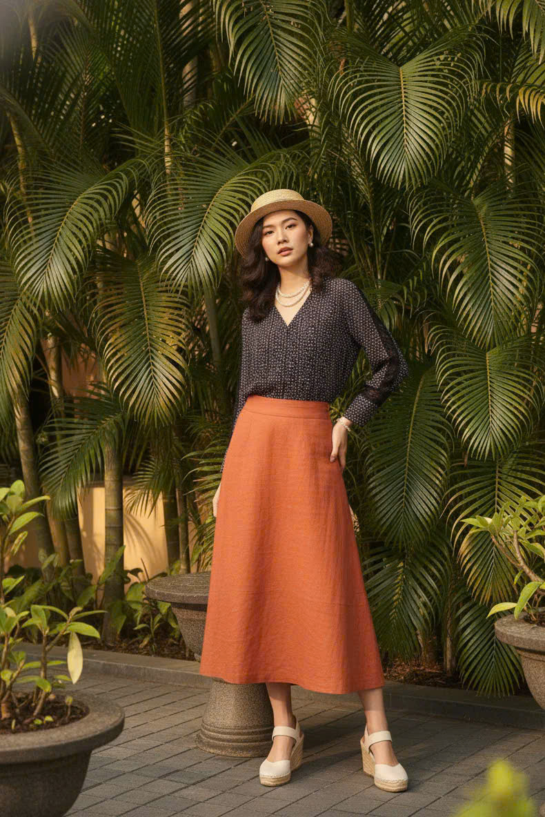 Váy Midi Linen, Váy Dài Linen Cam Gạch SKI055 thời trang thiết kế Hity