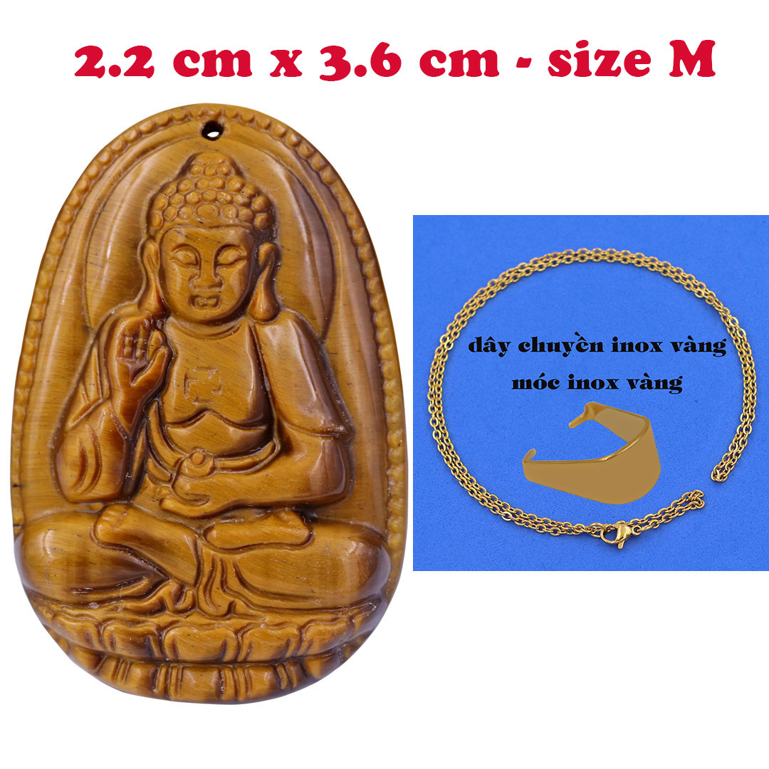 Mặt Phật A di đà đá mắt hổ 3.6 cm kèm dây chuyền inox vàng - mặt dây chuyền size M, Mặt Phật bản mệnh