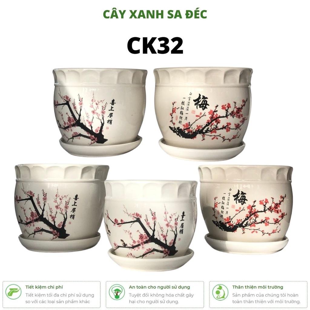 Bộ chậu men Hoa Đào Đỏ CK32 trồng cây cảnh trang trí nhà cửa, ban công, văn phòng, phòng ngủ, góc học tập