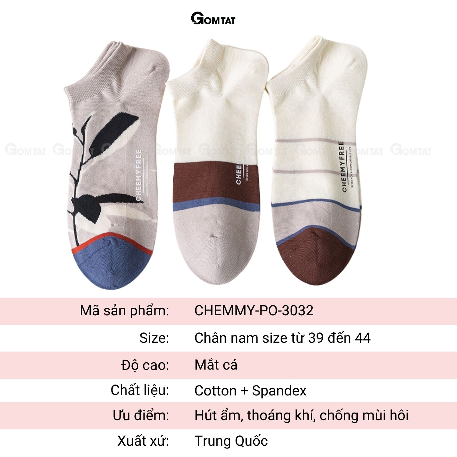 Set 3 đôi tất vớ nam cổ ngắn GOMTAT chất liệu cotton khử mùi kháng khuẩn cực tốt tránh hôi chân - CHEMMY-PO-3032-CB3