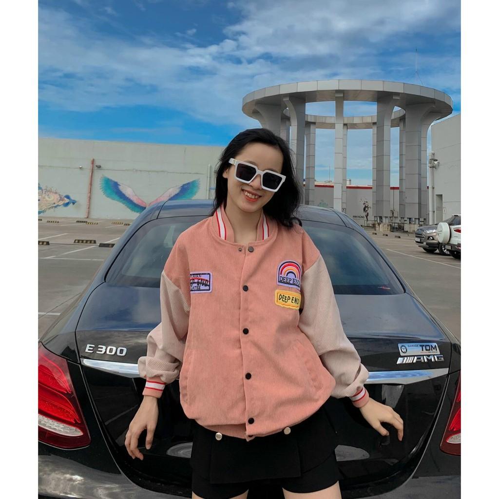 Áo khoác Bomber Nhung Gân phối tay thêu lô gô hot trend, Áo Khoác Bomber Unisex Nỉ Nhung Cao Cấp