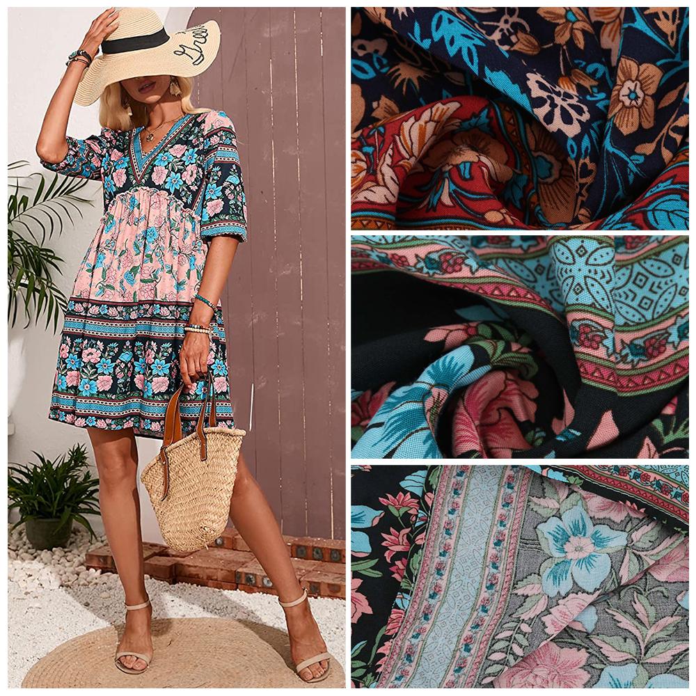 Women Ruffle Floral Flowy Boho Dress Half Sleeves V-Neck Holiday Summer Beach Dress Blue L