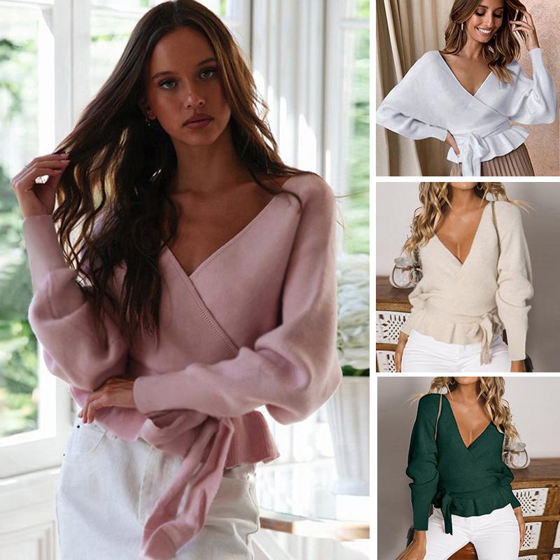 New Sexy Women Winter Sweater Solid Color Deep V Neck Backless Tie Waist Spring Fall Knitwear