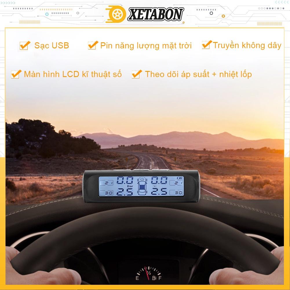 Cảm biến áp suất lốp ô tô XETABON- TPMS van gắn ngoài pin sạc năng lượng mặt trời, màn hình đen trắng BH 12T