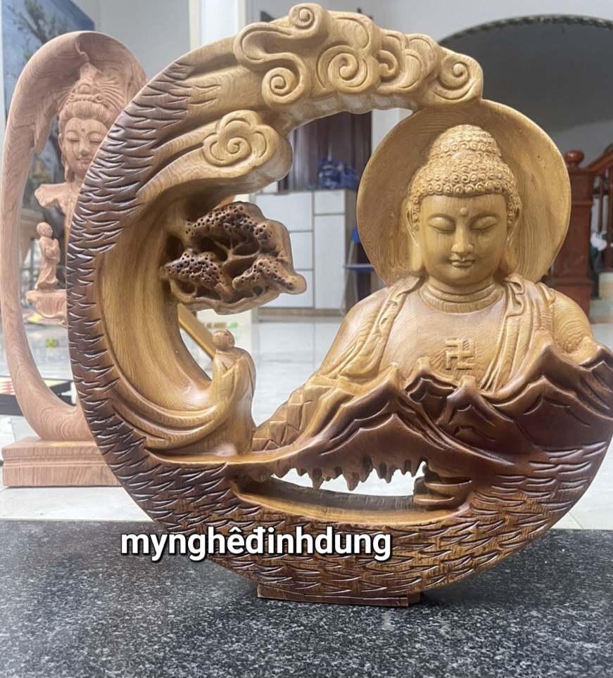 Tượng nhất tâm bái phật bằng gỗ ngọc am thơm nức pu giả cổ kt 40x40x6cm