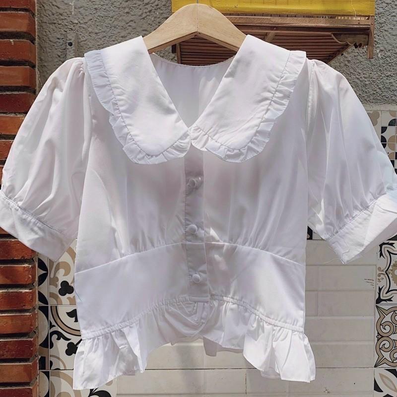 Áo kiểu croptop cổ bèo trắng tay ngắn phồng ôm eo nút bọc