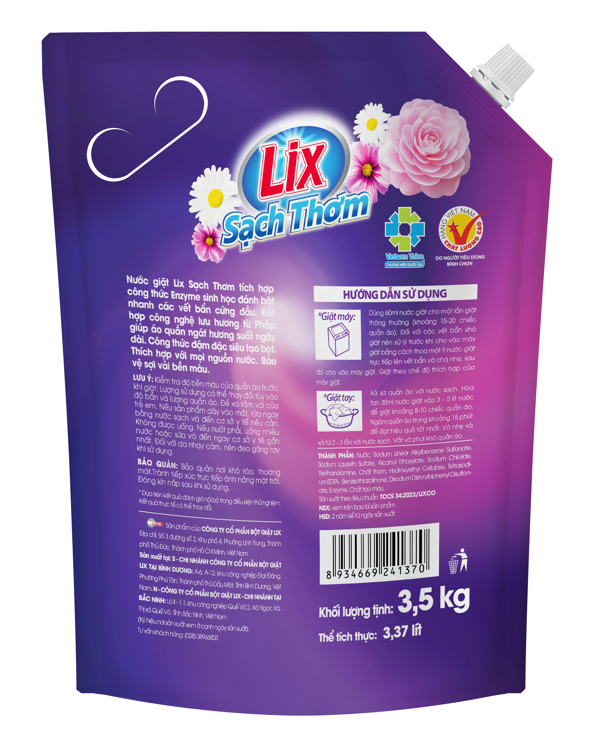 Túi Nước giặt Lix Sạch Thơm hương ngàn hoa 3.5Kg N7403 - chứa hạt lưu hương cho ngày dài thơm ngát