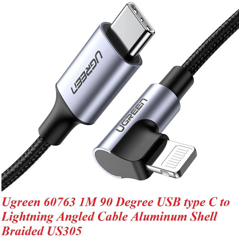 Ugreen UG60763US305TK 1M MFI đầu lightning bẻ 90 độ cáp USB type C ra Lightning bọc nhôm chống nhiễu màu đen - HÀNG CHÍNH HÃNG