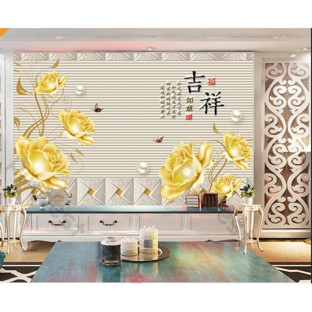 Tranh dán tường Hoa hồng vàng tài lộc, tranh dán tường 3d hiện đại MS1211840
