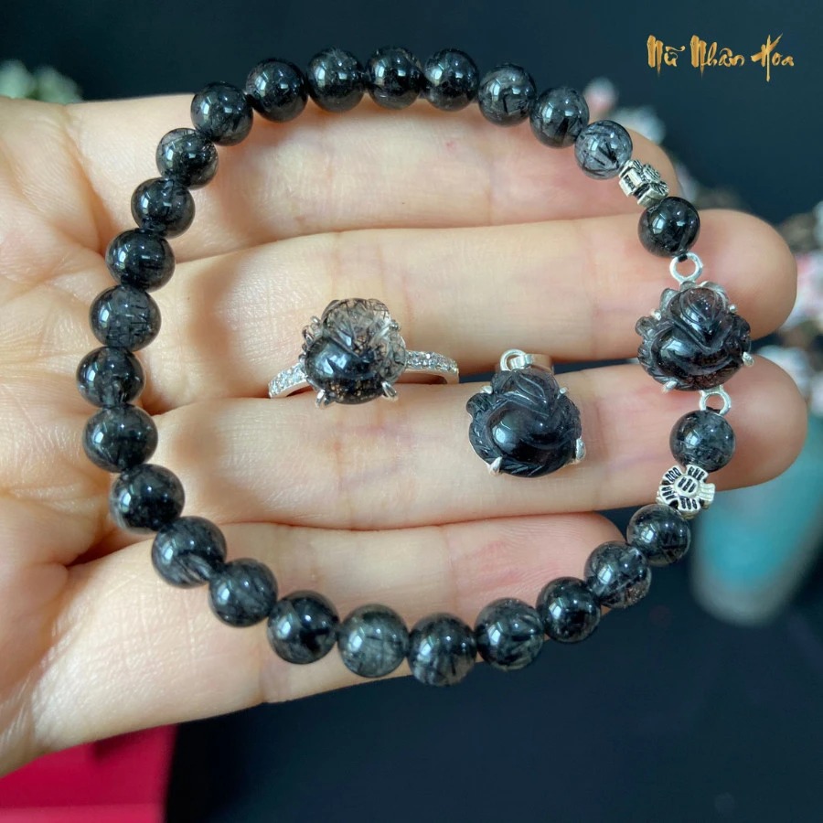 N060 Nhẫn Hồ Ly Thạch Anh Tóc Đen