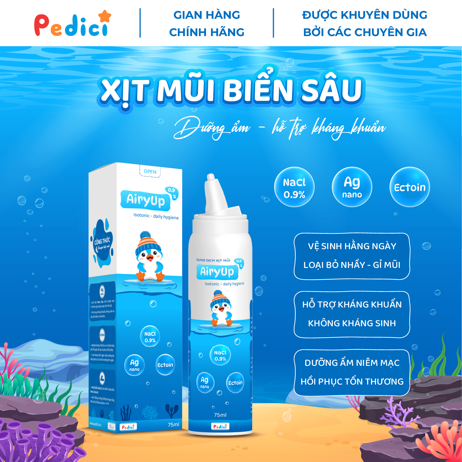 Xịt mũi AiryUp 0.9% - Dưỡng ẩm và kháng khuẩn Nano Bạc - Công nghệ B.O.V (75ml)