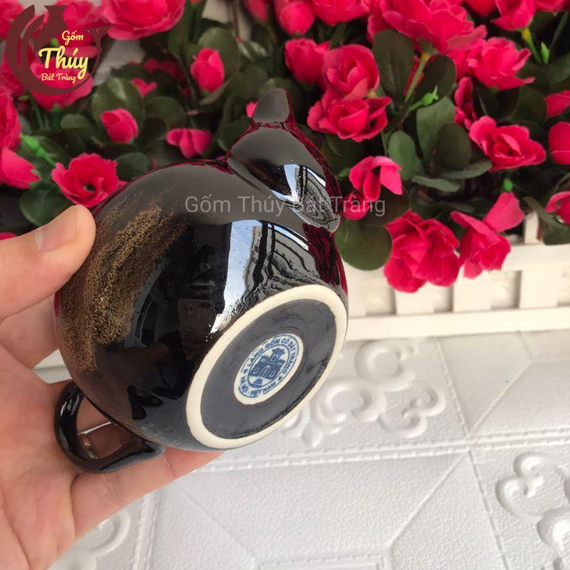 Bộ ấm chén men hoả biến cao cấp Bát Tràng màu đen, lòng chén hoa trắng 280ml