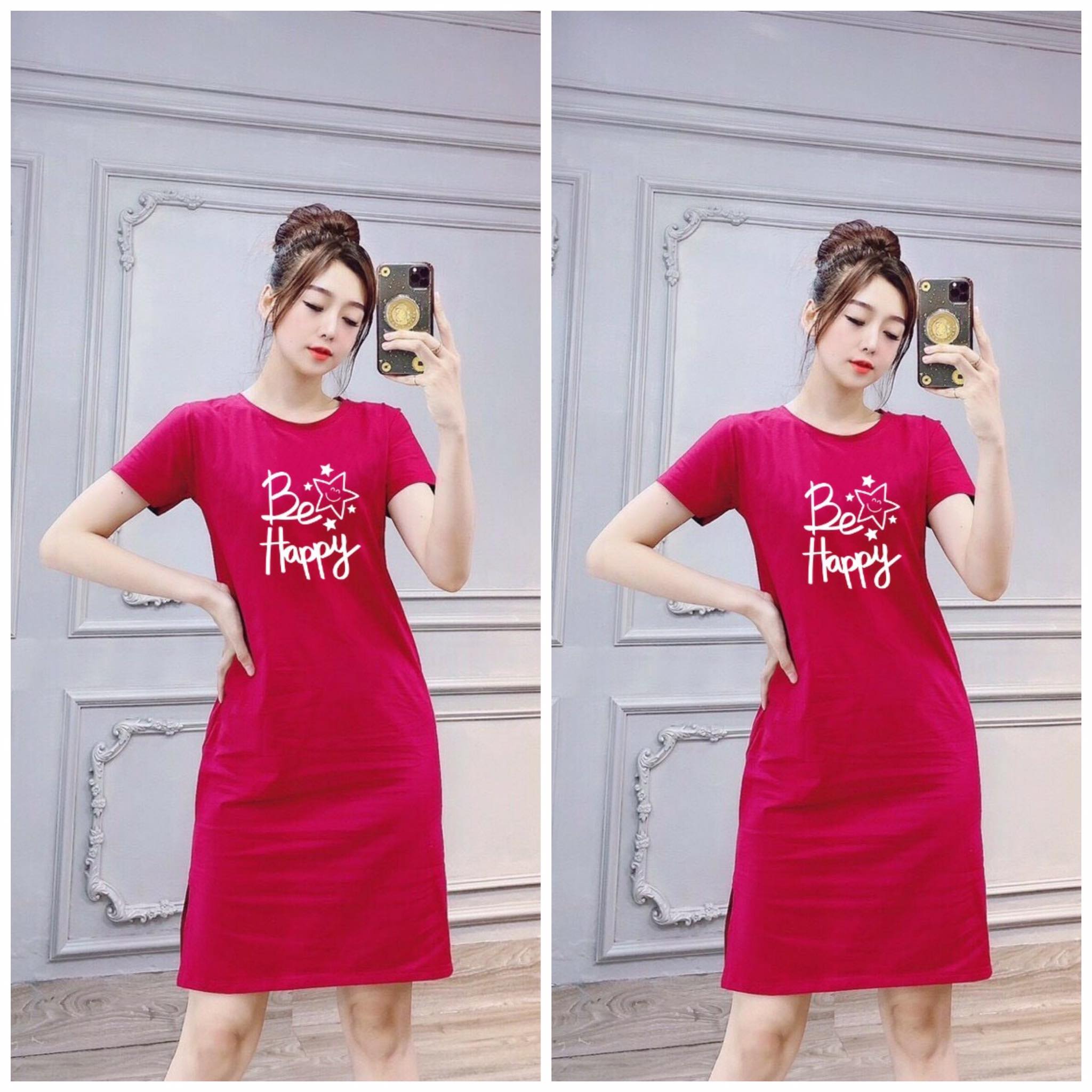 Đầm thun dáng suông xẻ tà mặc nhà , đi chơi in chữ Be Happy thun cotton 4 chiều từ 40-55kg ( D163 )
