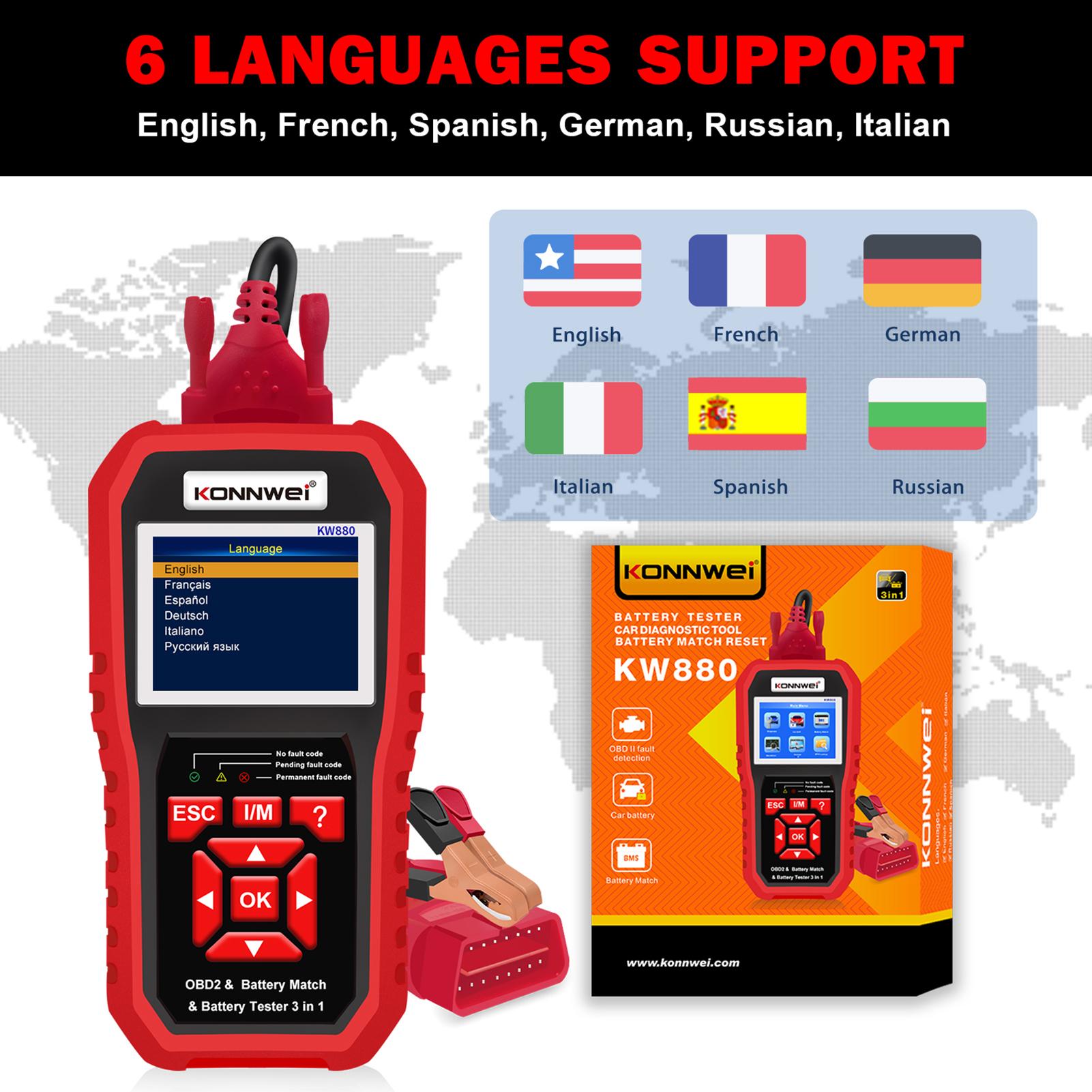KONNWEI KW880 Universal Battery Tester& Car Battery Match Car OBDII Diagnostic Fault Scanner for 6V-12V Car Motorcycle Battery Test