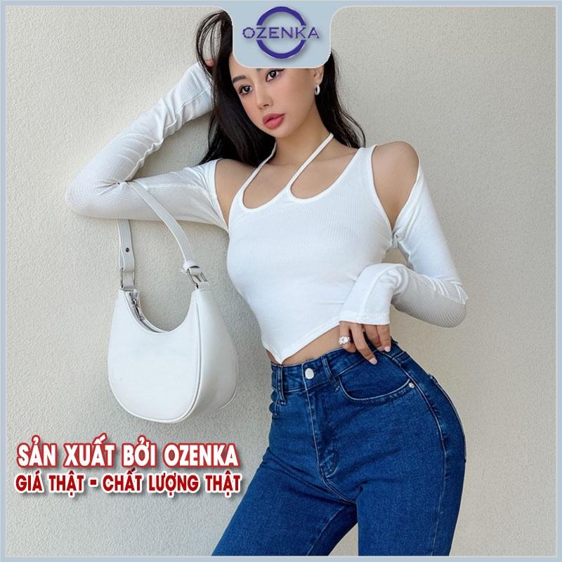 Set áo croptop tay dài hở vai áo ba lỗ nữ vạt nhọn OZENKA , áo crt ôm body gợi cảm mềm mịn thấm hút mồ hôi