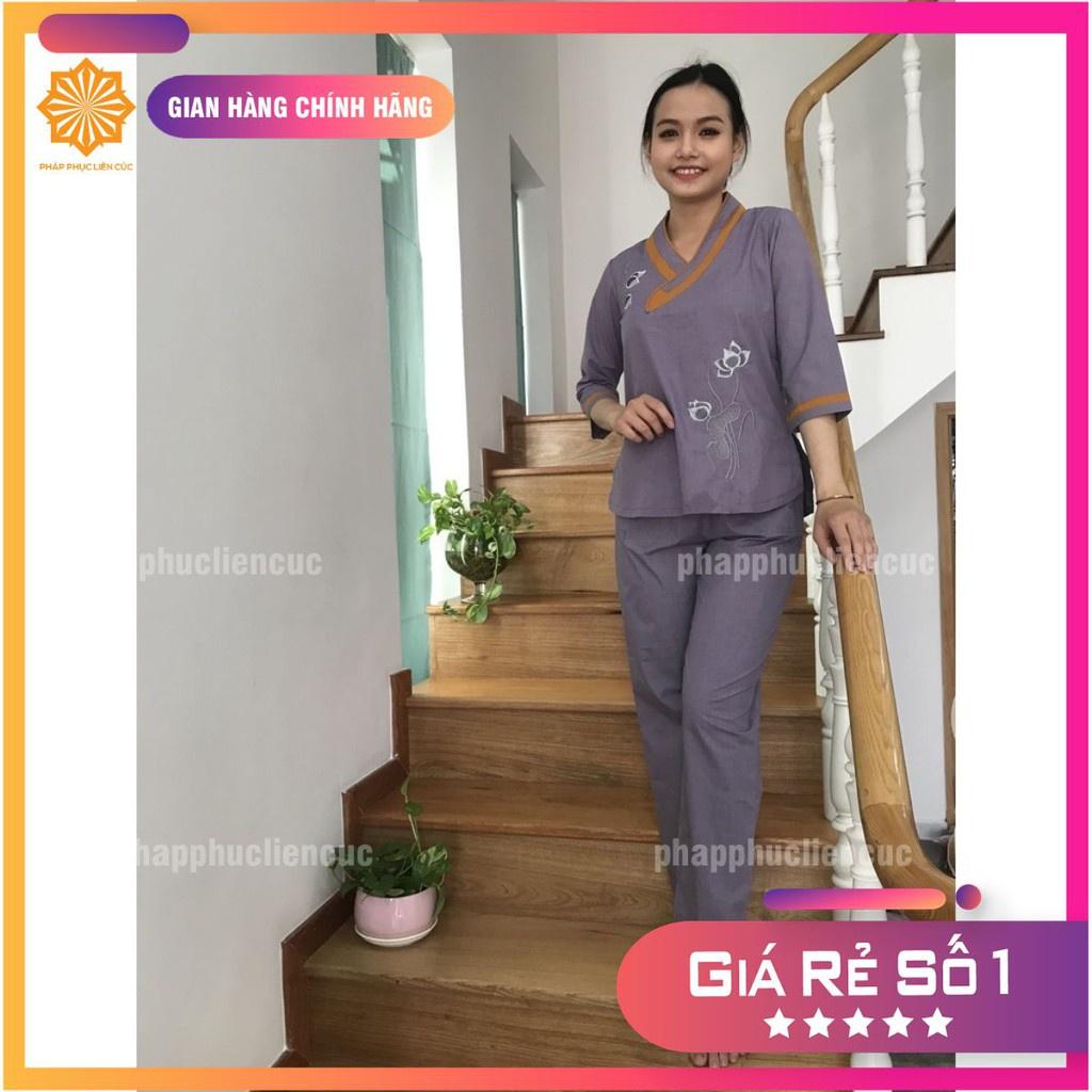 Đồ lam đi chùa nữ - Pháp phục mẫu tim viền bầu vải xô tixi, bền màu không nhăn xưởng may Liên Cúc